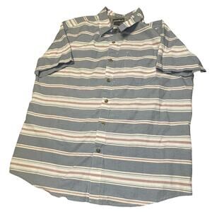 EDDIE BAUER MENS CASUAL BUTTON DOWN GRAY PINK AND WHITE STRIPED SHIRT MED/LARG
